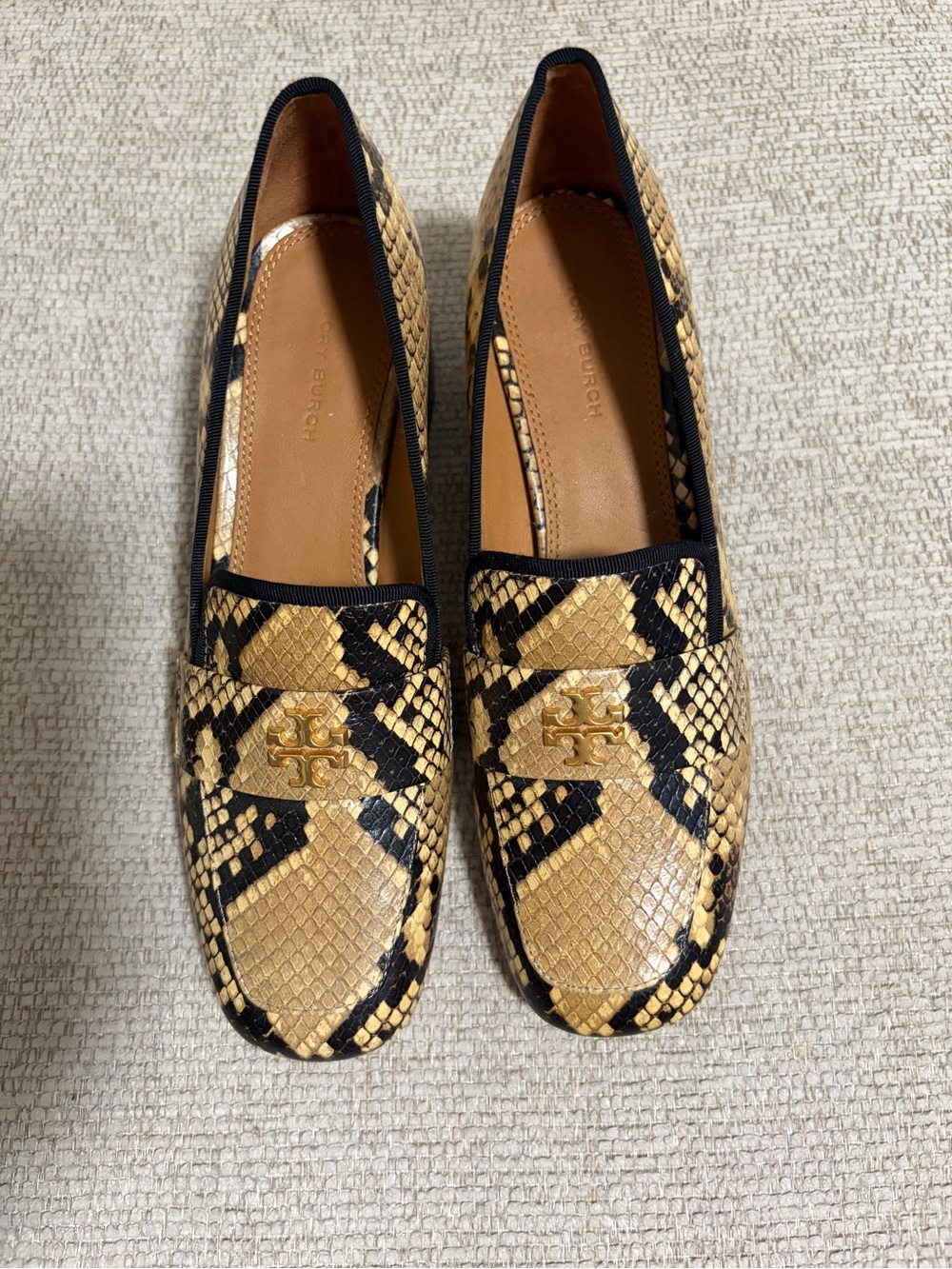 Tory Burch Gold and Black Snake-Embossed Leather Loafers